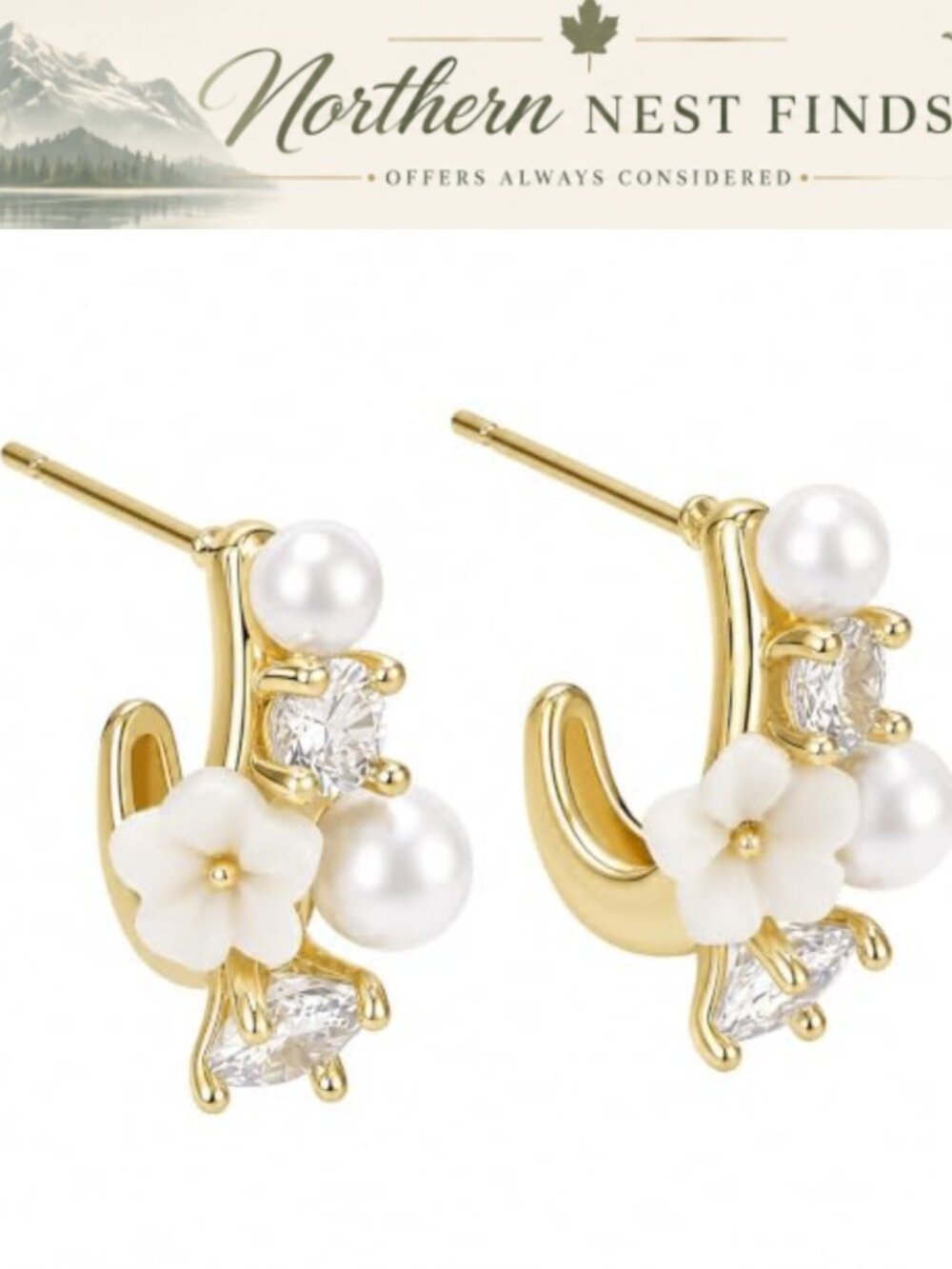 14K Gold Plated Pearl Huggie Hoop Earrings Floral Zircon Women